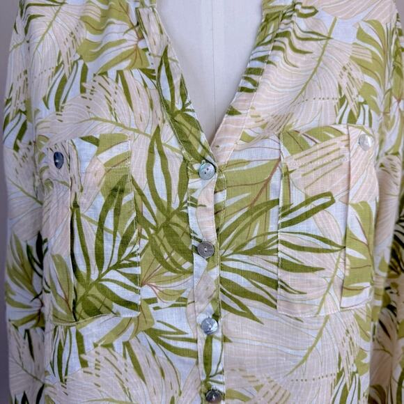 C&C California 100% Linen Tropical Botanical Print Buttons Roll Sleeve Blouse L - Picture 7 of 15
